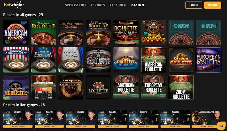 An image of the roulette selection at BetWhale, one of the best roulette sites.